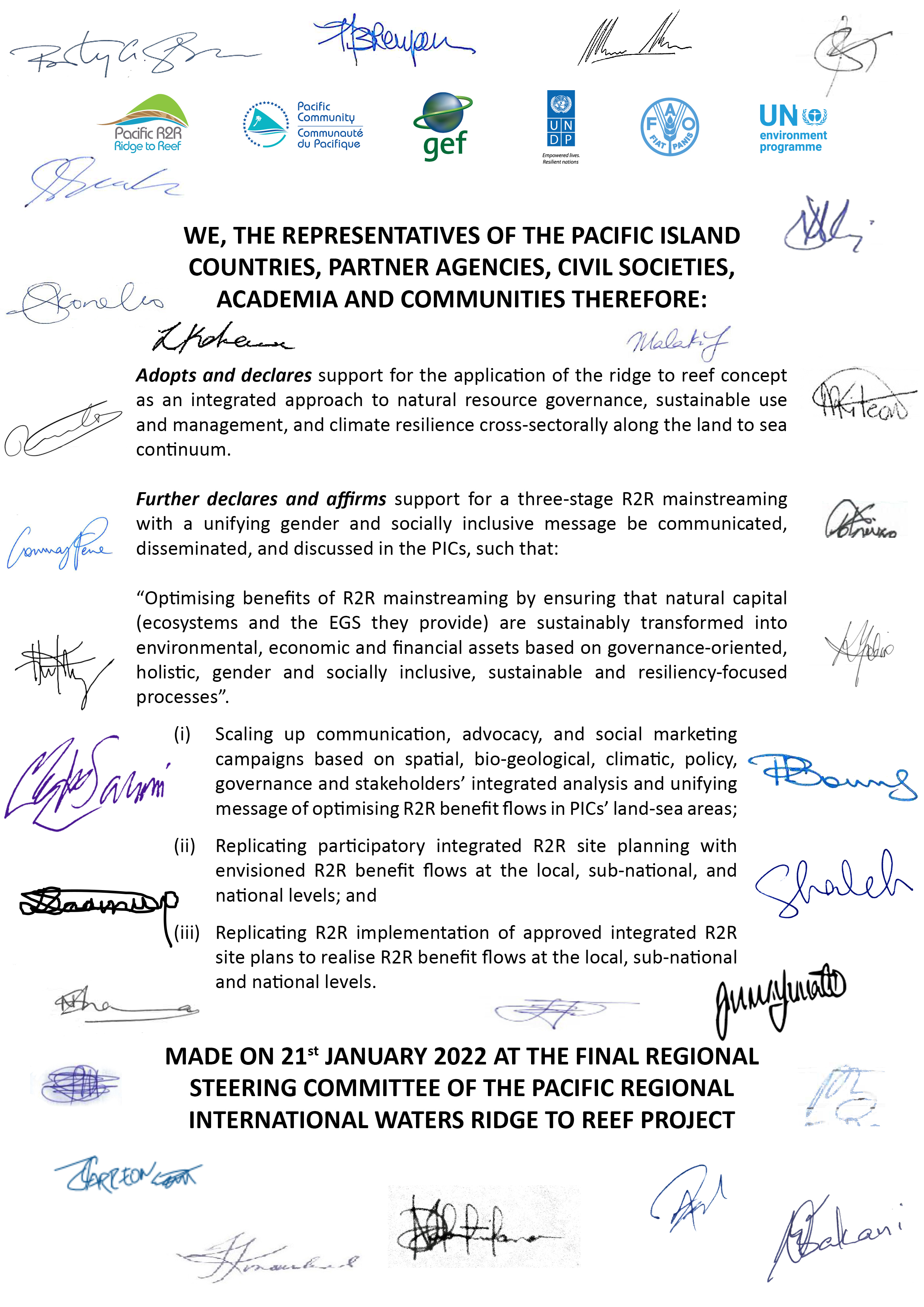 Declaration for R2R mainstreaming for sustainable development in tropical islands setting