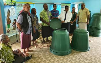 Fiji Minister Reddy compost bin handover